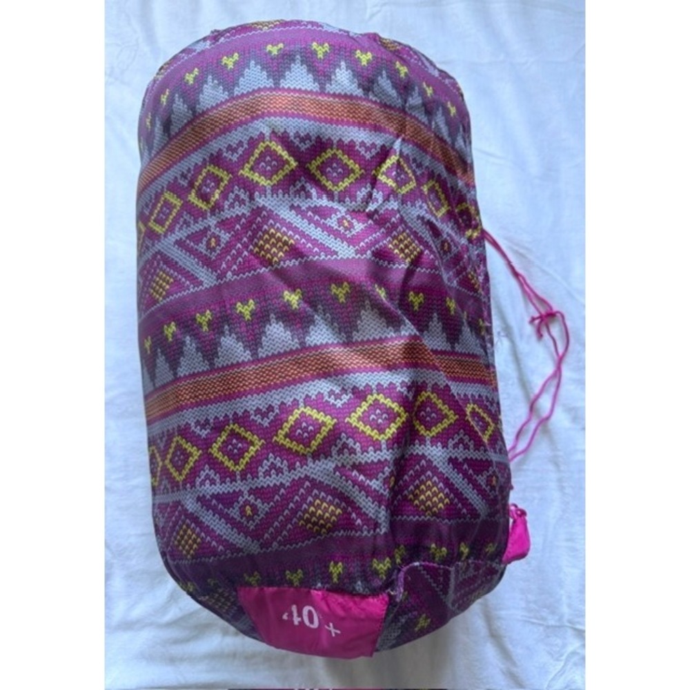 Embark 40 Degree Sleeping Bag Purple Pink Geometric Fair Isle Pattern with Bag